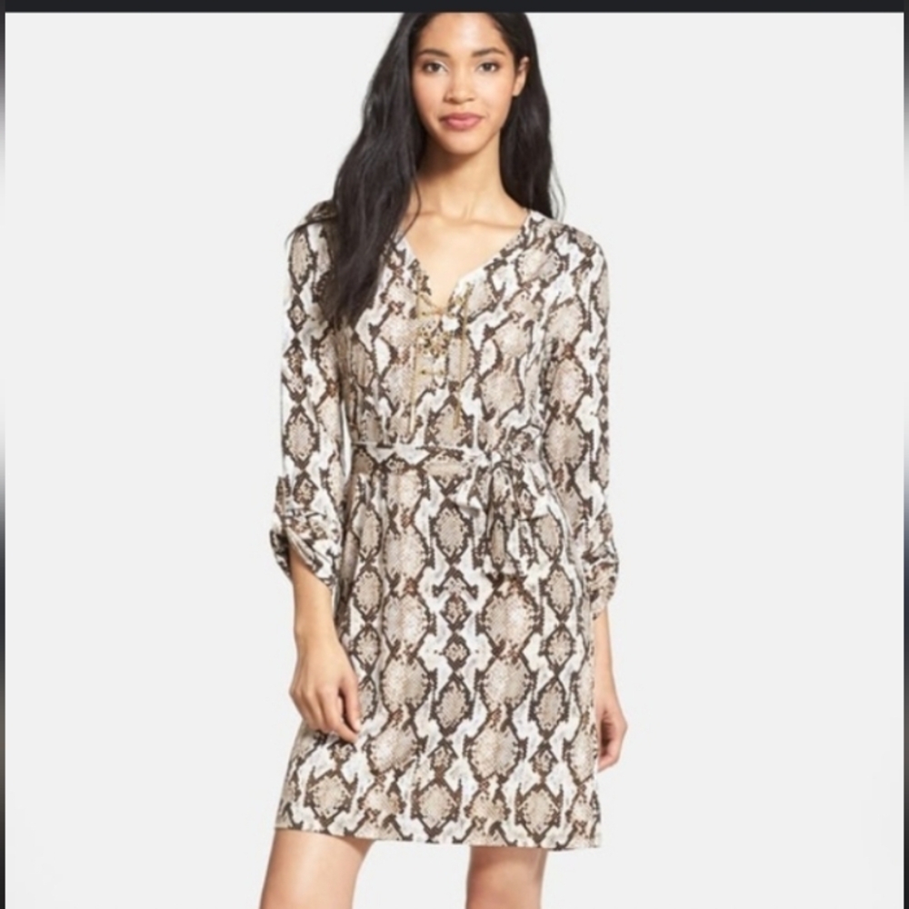 Micheal Kors Animal Print Snakeskin Flowy Mobwife Gold Lace Up Belted Dress - Picture 1 of 7